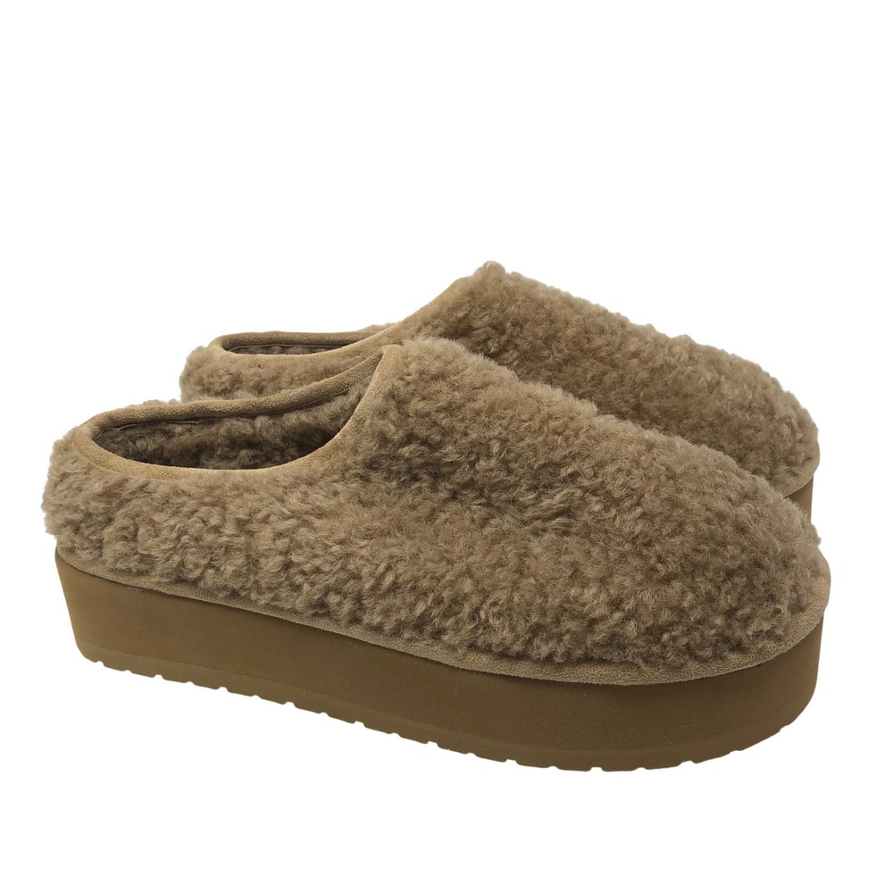 Madden Girl Eazy Slipper Womens 9 Tan Platform Faux Fur Sherpa Mules Comfort